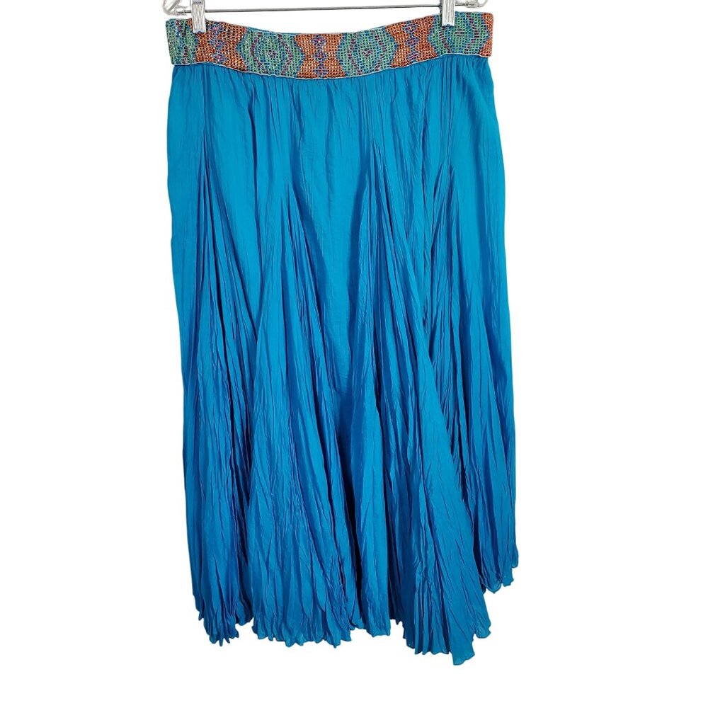 Sandy Starkman Size L Skirt Boho Maxi Full Beaded Godet Cotton Turquoise